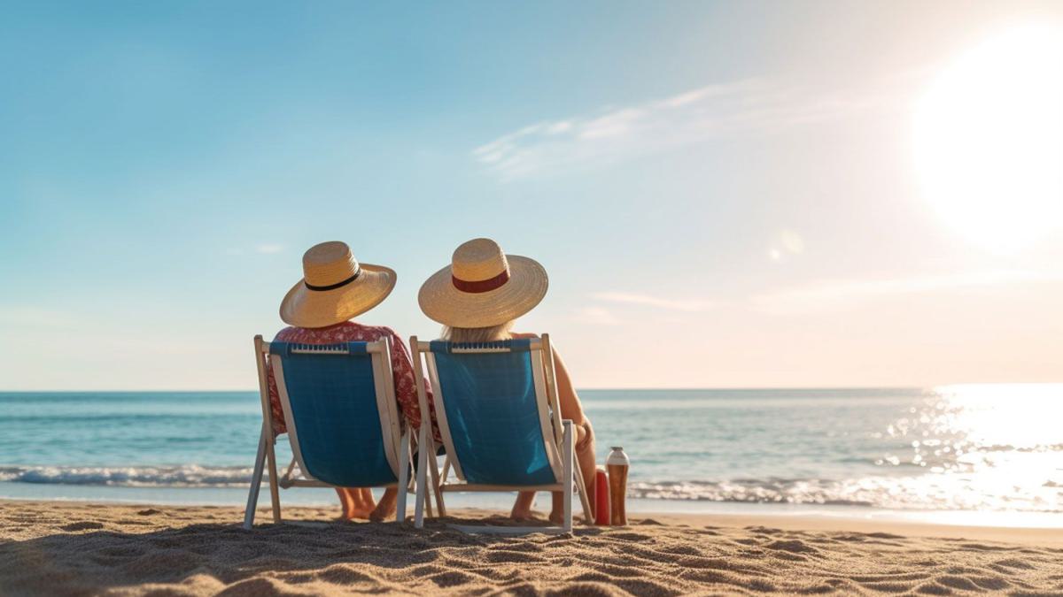 Seniorenpaar genießt entspannt den Sonnenuntergang am Meer