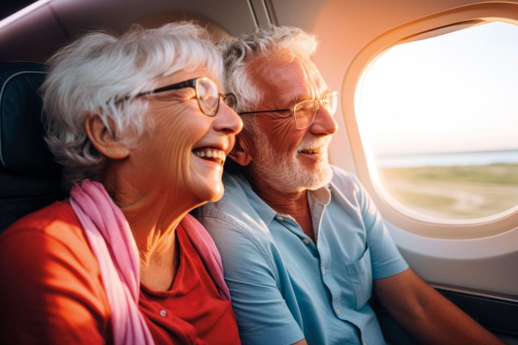 Seniorenpaar beim Flug in den Urlaub 