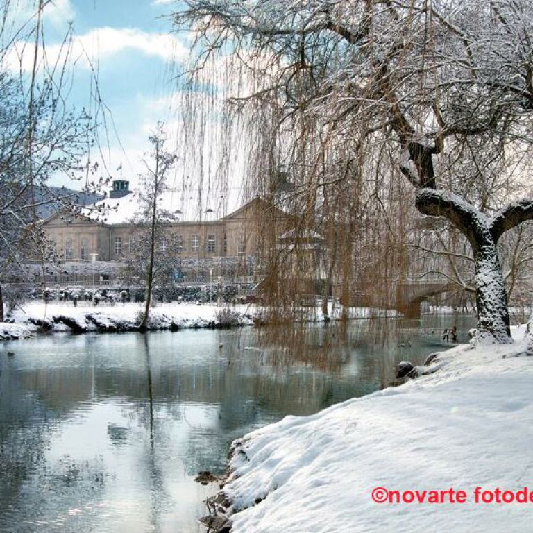 bad kissingen, winter, fluss, schnee, kurhaus, weiden, romantisch, kurstadt, bayern, 