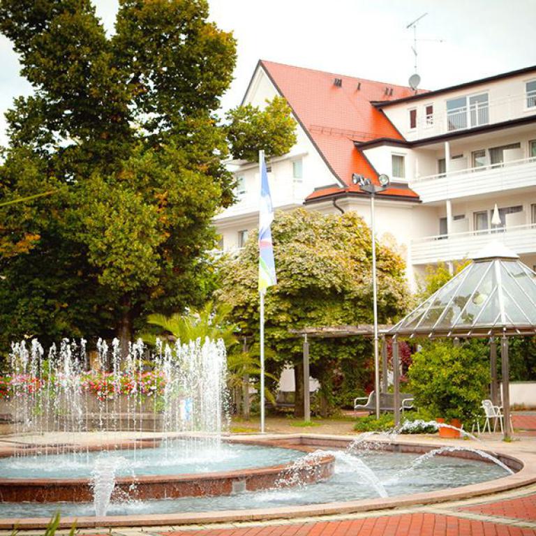 hotel, brunnen, statue, bäume, fassade, kurhaus, garten